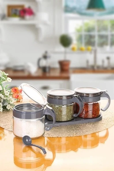 BUFFER® Gri  3lü Standlı Kapaklı Kaşıklı Cam Hava Sızdırmaz Baharatlık Takımı KC-386 - Resim 5