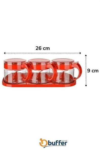 BUFFER®  Kırmızı 3lü Standlı Kapaklı Kaşıklı Cam Hava Sızdırmaz Baharatlık Takımı  KC-386 - Resim 8