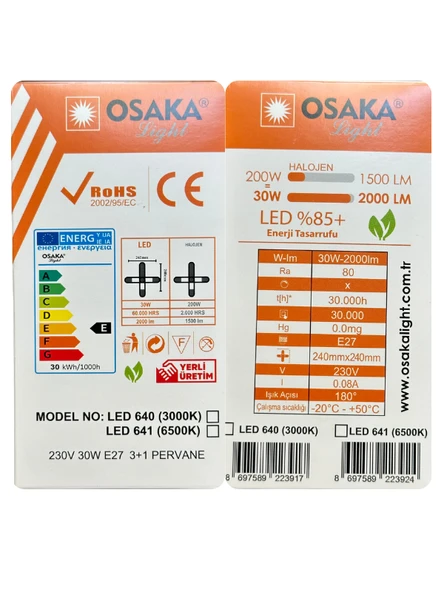 (10 Adet) Osaka 30W (200W) Beyaz Işık (6500K) E27 Duylu (Kalın Duy) Pervane Ampul - Resim 5