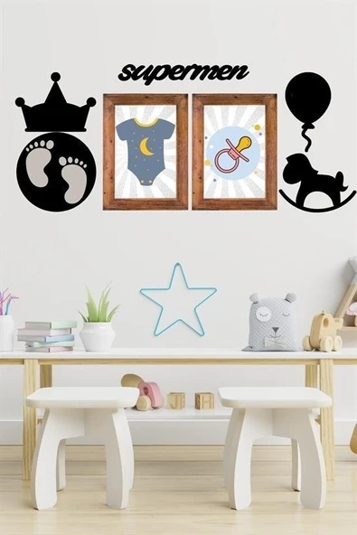 BUFFER® DECO103 Supermen Dekoratif Duvar Süsü Tablo Aksesuar Ahşap Tasarım Hediye Pano Sticker Seti - Resim 2