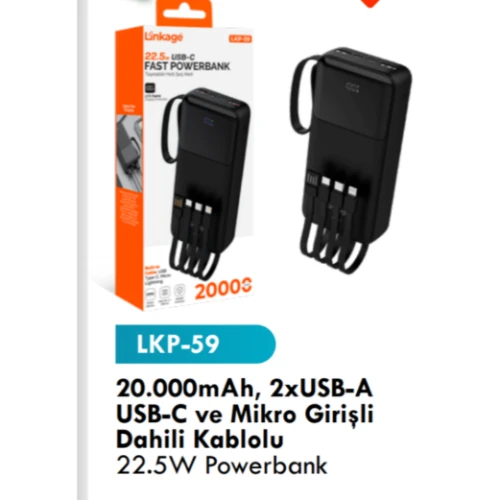 Lkb59 taşınabilir 20000 mAh 2xusb A ve USB c mikro girişli dahili kablo - 2