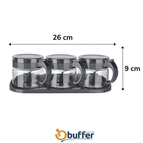 BUFFER® Siyah 3lü Standlı Kapaklı Kaşıklı Cam Hava Sızdırmaz Baharatlık Takımı KC-386 - Resim 4