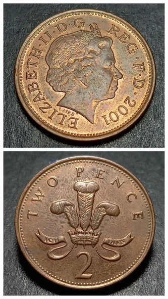 Escoines 3996368af4952dc3b3 2001 İngiliz sterlini two pence 2 peni Bakır kaplamalı çelik ççt+ para - 1