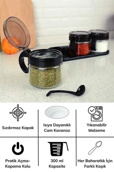 BUFFER® Siyah 3lü Standlı Kapaklı Kaşıklı Cam Hava Sızdırmaz Baharatlık Takımı KC-386 - Resim 7
