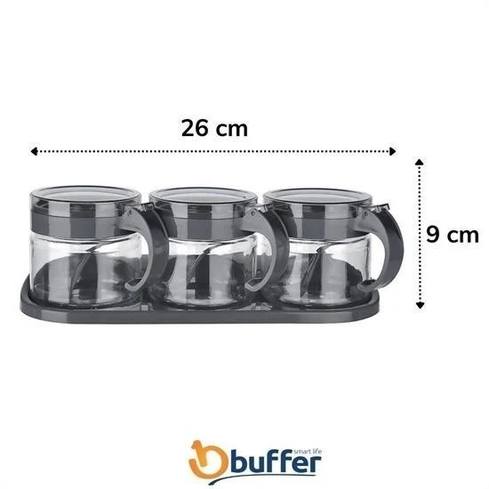 BUFFER® Gri  3lü Standlı Kapaklı Kaşıklı Cam Hava Sızdırmaz Baharatlık Takımı KC-386 - Resim 4