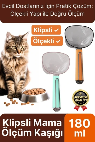 Çok Amaçlı Klipsli Ölçekli Şeffaf Başlıklı 180ml Kapasiteli Kedi Köpek Mama Ölçüm Kaşığı Küreği - 1