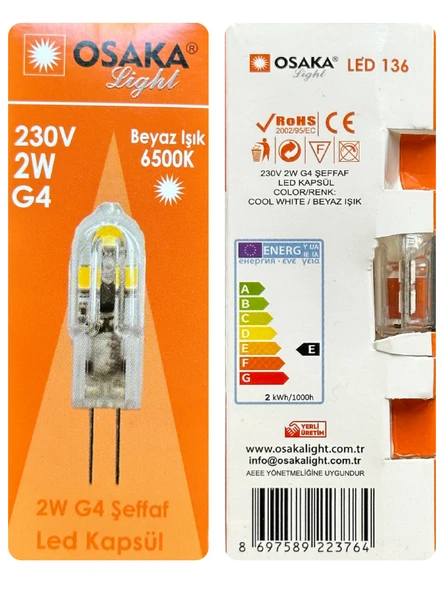 (10 Adet) Osaka 2W Beyaz Işık (6500K) G4 Duylu (İğne Bacak) Led Kapsül Ampul - 4