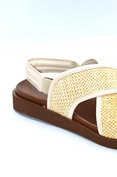 Kadın Bej Hasır Desen Lastikli Günlük Şık Terlik Sandalet - 3