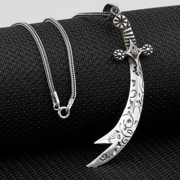 İşlemeli Zülfikar Kılıç Gümüş Kolye - Resim 2