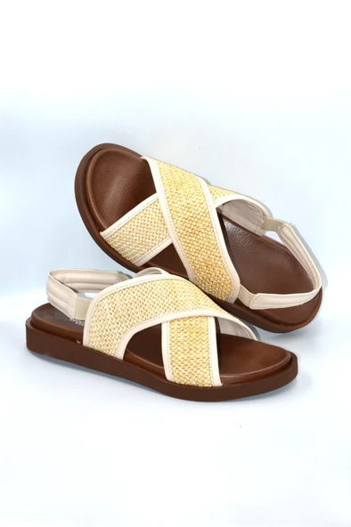 Kadın Bej Hasır Desen Lastikli Günlük Şık Terlik Sandalet - 5