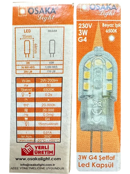 (4 Adet) Osaka 3W Beyaz Işık (6500K) G4 Duylu (İğne Bacak) Led Kapsül Ampul - Resim 3