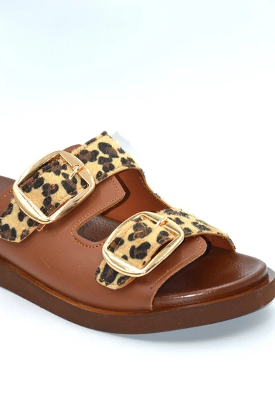 Kadın Leopar Desenli Çift Toka Ayarlanabilir Günlük Terlik - 3