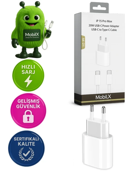 MobiLX M-21 iPhone 15 Pro Max Uyumlu 20W Type-C Hızlı Şarj Adaptörü + USB-C Kablo - 1