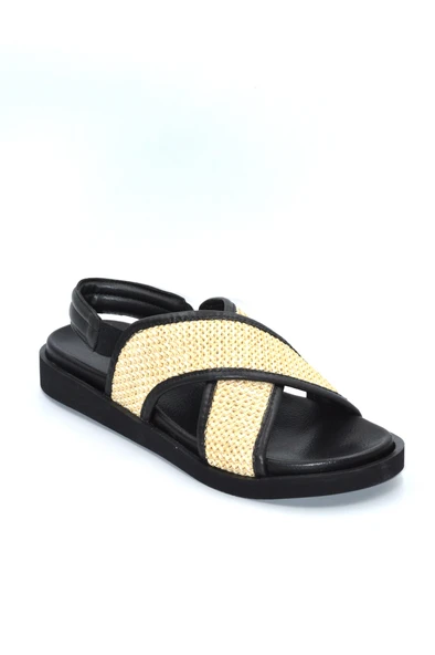 Kadın Siyah Hasır Desen Lastikli Günlük Şık Terlik Sandalet - 2