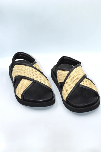 Kadın Siyah Hasır Desen Lastikli Günlük Şık Terlik Sandalet - 4