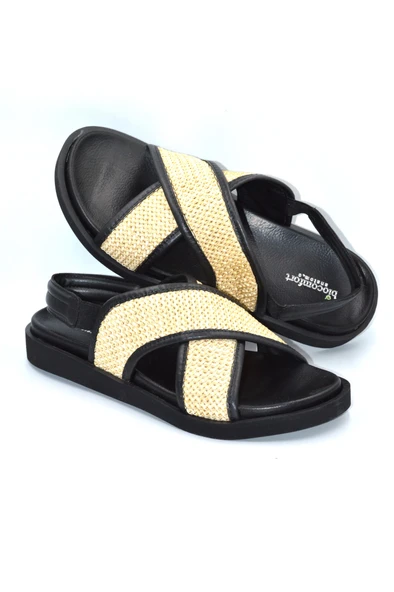 Kadın Siyah Hasır Desen Lastikli Günlük Şık Terlik Sandalet - 6