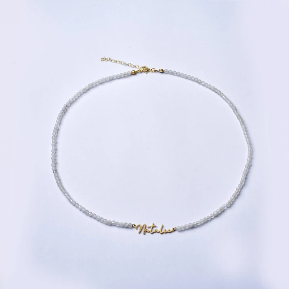 14 Ayar Altın Kaplama Kişiye Özel İsim Yazılı Moonstone (Aytaşı) Doğal Taş Gümüş Kolye - NGS00113 - 6