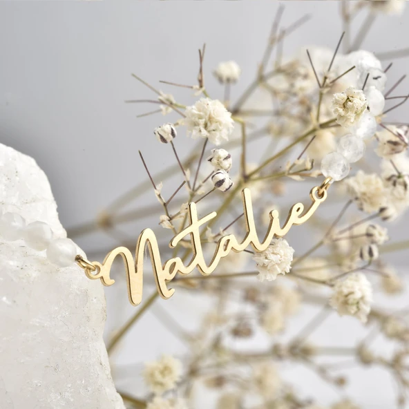 14 Ayar Altın Kaplama Kişiye Özel İsim Yazılı Moonstone (Aytaşı) Doğal Taş Gümüş Kolye - NGS00113 - 5