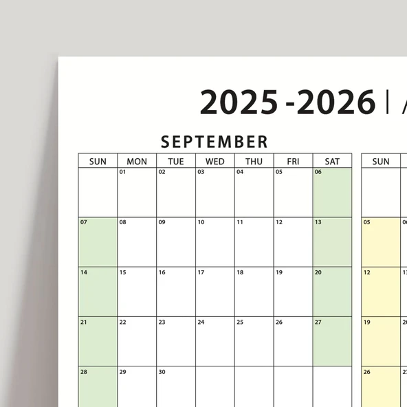 Amerikan Standardı 2025-2026 Akademik Duvar Takvimi, Eylül Başlangıçlı Takvim, Pazar Günü Başlangıçlı, Akademik Planlayı - Resim 3