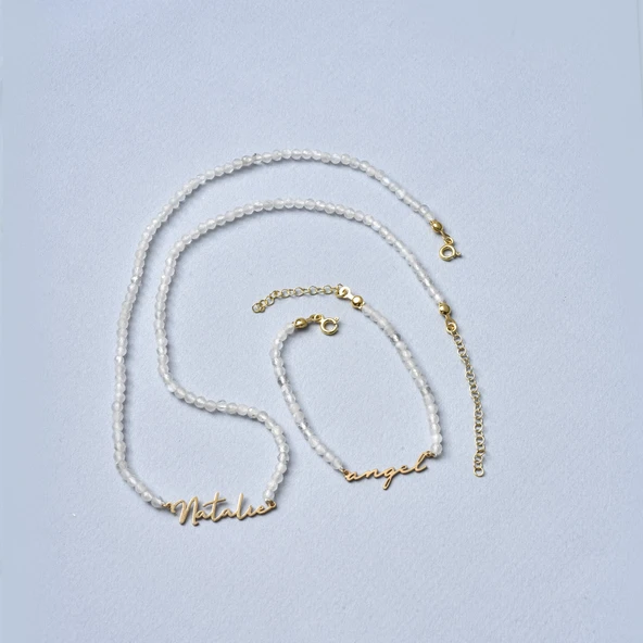 14 Ayar Altın Kaplama Kişiye Özel İsim Yazılı Moonstone (Aytaşı) Doğal Taş Gümüş Kolye - NGS00113 - 7