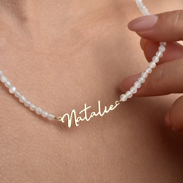 14 Ayar Altın Kaplama Kişiye Özel İsim Yazılı Moonstone (Aytaşı) Doğal Taş Gümüş Kolye - NGS00113