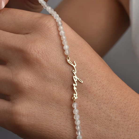 14 Ayar Altın Kaplama Kişiye Özel İsim Yazılı Moonstone (Aytaşı) Doğal Taş Gümüş Kolye - NGS00113 - 2