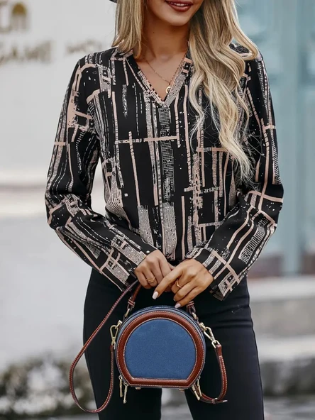 Kadın Uzun Kollu V Yakalı Desenli Dalgıç Bluz - Resim 8