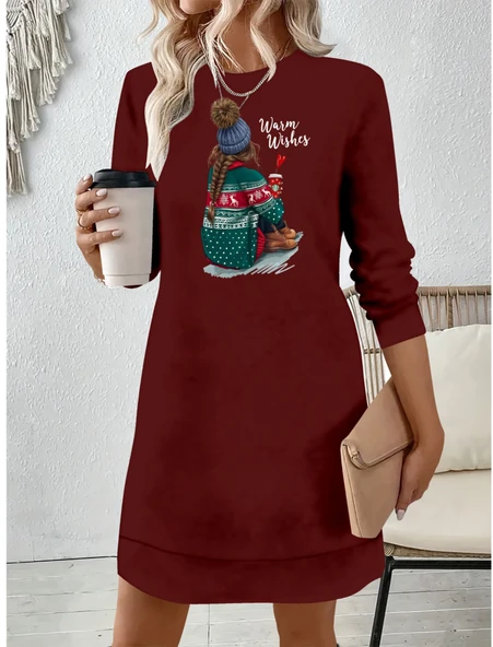 Kadın Uzun Kollu Bisiklet Yaka Desenli Viskon Iki Iplik Elbise - Resim 3