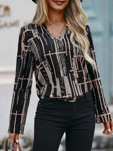 Kadın Uzun Kollu V Yakalı Desenli Dalgıç Bluz - Resim 6