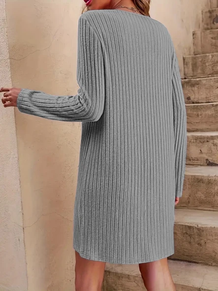 Kadın Uzun Kollu V Yakalı Kısa şardonlu Kaşkorse Elbise - Resim 3