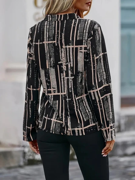 Kadın Uzun Kollu V Yakalı Desenli Dalgıç Bluz - Resim 7