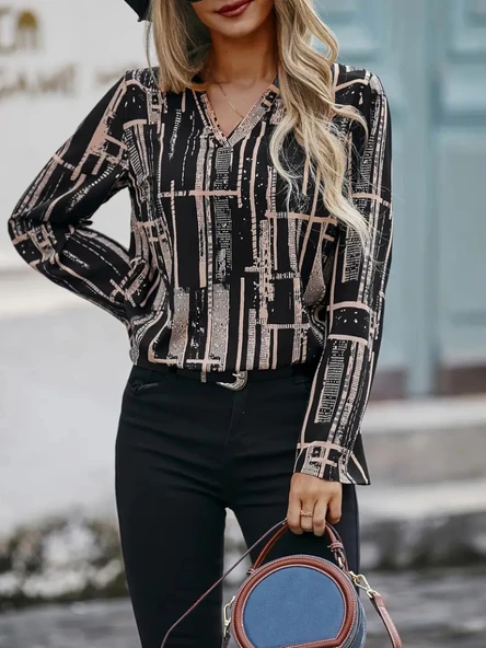 Kadın Uzun Kollu V Yakalı Desenli Dalgıç Bluz - Resim 3