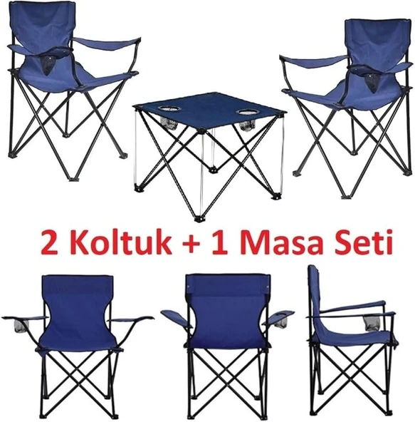 2 Adet Mavi / Lacivert Katlanır Kamp Sandalyesi 1 Adet Masa Piknik Çantalı - 5