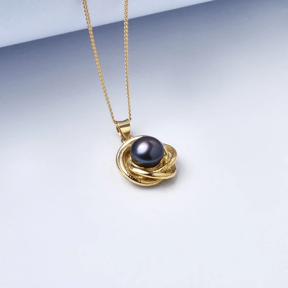 14 Ayar Mikron Kaplama Doğal ve Gerçek Siyah İnci Detaylı Çift Döngü Gümüş Kolye - CNP00156 ürün görseli 1