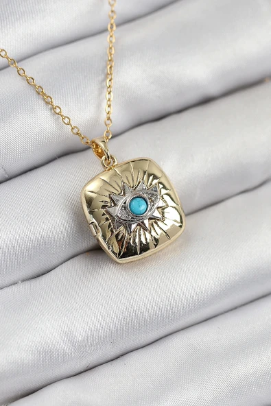 316L Çelik Zirkon Taşlı Açılabilr Kapaklı Göz Model Gold Renk Kadın Kolye ürün görseli