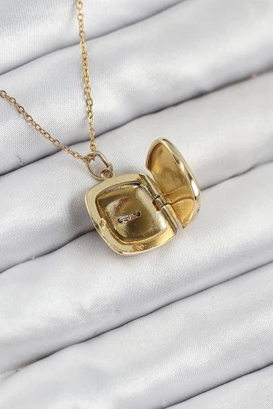 316L Çelik Zirkon Taşlı Açılabilr Kapaklı Göz Model Gold Renk Kadın Kolye - Resim 2