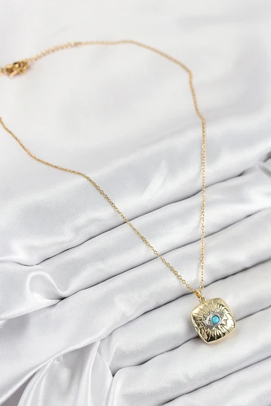 316L Çelik Zirkon Taşlı Açılabilr Kapaklı Göz Model Gold Renk Kadın Kolye - Resim 3