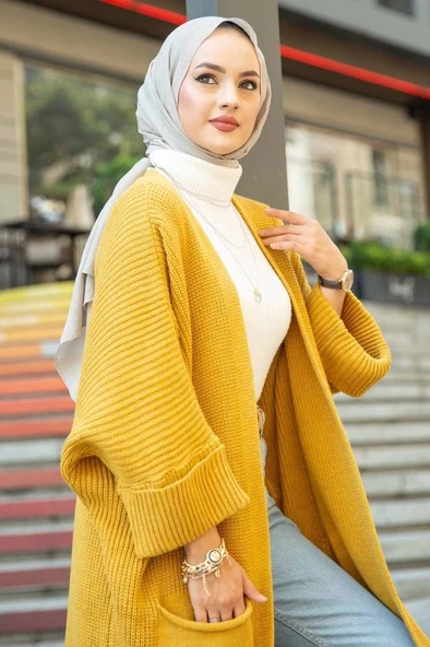 Yarasa kol uzun triko hırka hardal - Resim 2