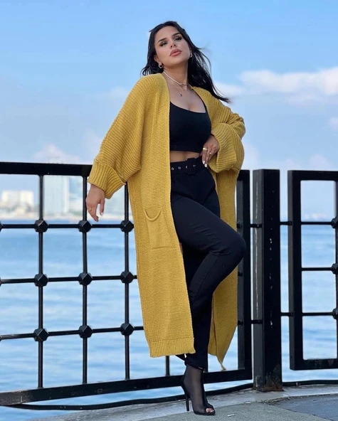 Yarasa kol uzun triko hırka hardal - Resim 3