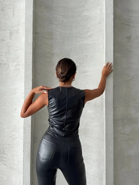 Kaplama düğmeli deri yelek siyah s24398 - 6