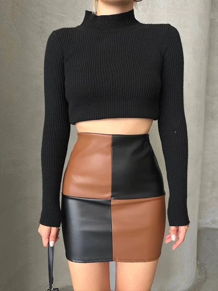 Damalı deri etek siyah kahve w24648 - 3