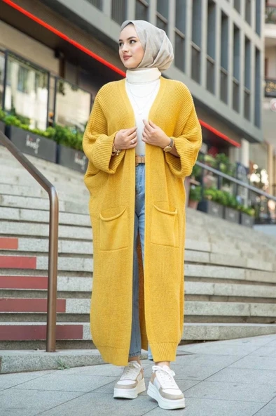 Yarasa kol uzun triko hırka hardal ürün görseli