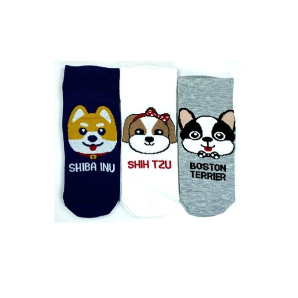 3 Çift Sevimli Köpek Temalı Baskılı Yumuşak Kadın Bilek Çorap ürün görseli