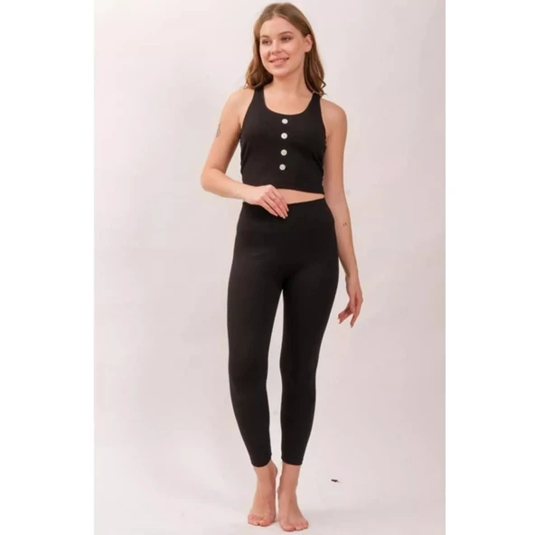 Siyah Yüksek Bel Fitilli Kadın Tayt Yazlık 2001 ürün görseli 1