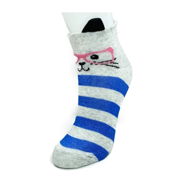 3 Çift Kedi Temalı 3 Boyut Kulaklı Pamuklu Esnek Kadın Bilek Çorap - Resim 3