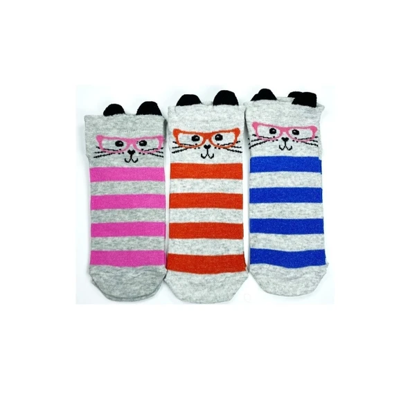 3 Çift Kedi Temalı 3 Boyut Kulaklı Pamuklu Esnek Kadın Bilek Çorap ürün görseli