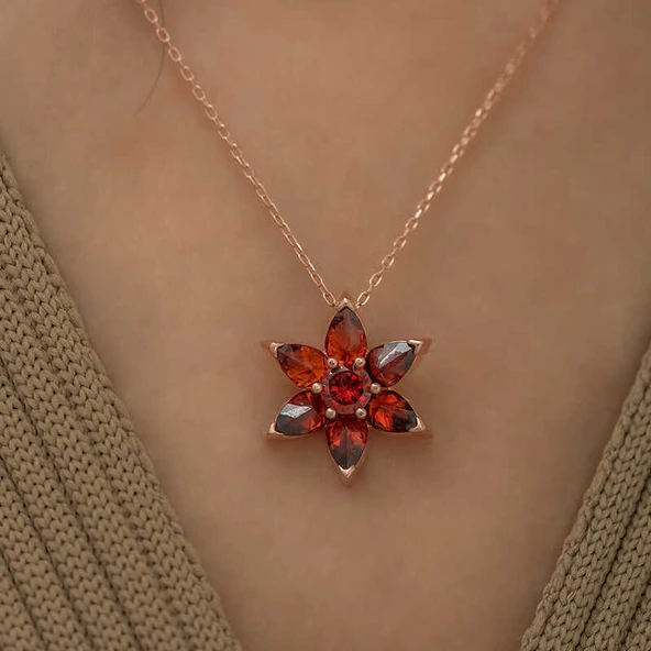 Gümüş Rose Kırmızı Çiçek Kolye - Resim 2