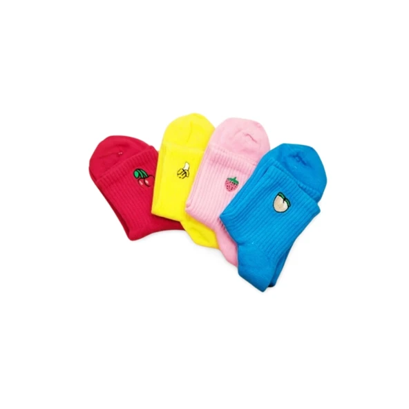 Rengarenk Neşeli Meyve Baskılı Kadın Soket Çorap 4 Çift - Resim 2