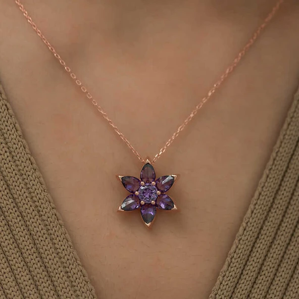 ​Gümüş Rose Mor Çiçek Kolye - Resim 2