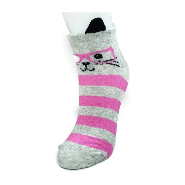 3 Çift Kedi Temalı 3 Boyut Kulaklı Pamuklu Esnek Kadın Bilek Çorap - Resim 4
